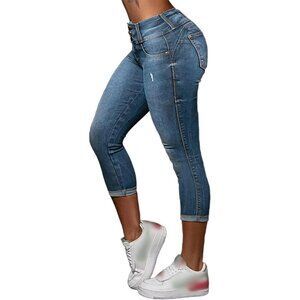 Women’s Capris Jeans Stretch Mid Rise Skinny with Ripped Design